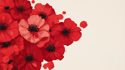 Obraz premium A vibrant arrangement of red flowers against a soft beige background, showcasing delicate petals and intricate details.