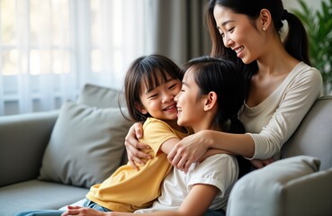 Fototapeta premium Happy Japanese mother, two daughters cuddling on sofa. Family bonding, affection. Young mother, children enjoy time together at home. Joyful moments, beautiful family relationship. Indoor portrait of
