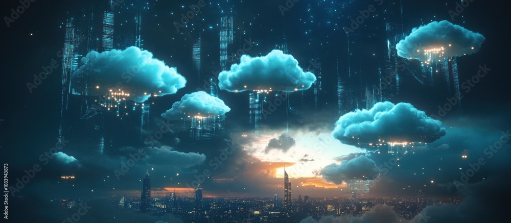 Poster Futuristic cityscape with glowing data clouds symbolizing cloud computing, digital transformation, and technological advancements.