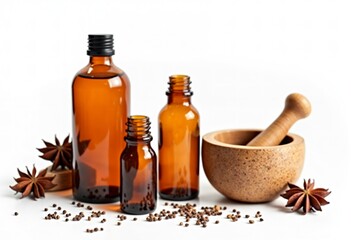 Amber glass bottles, star anise, and a wooden mortar and pestle on a white background