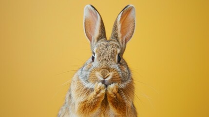 Obraz premium A cute rabbit with large ears sits against a bright yellow background, showcasing its expressive features, This image is perfect for blogs, children's products