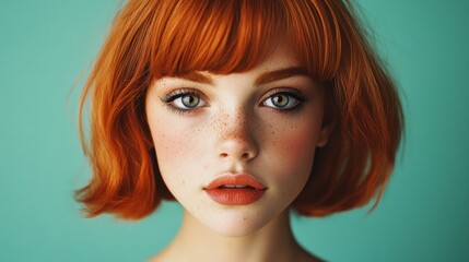 Fototapeta premium A close-up portrait of a young woman with striking orange hair, freckles, and captivating blue eyes against a turquoise background.