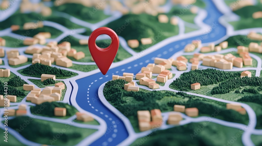Poster a vibrant map focusing on a river, featuring convenient markers and terrain details for navigation a