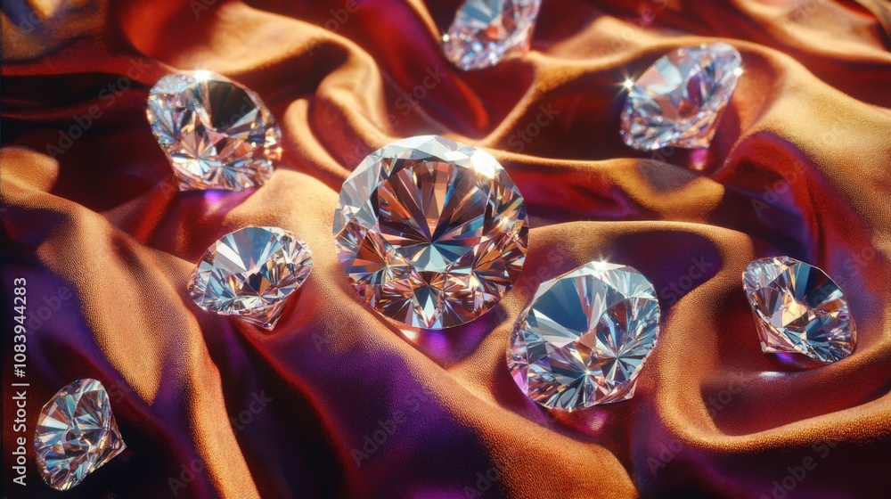 Poster sparkling diamonds on a luxurious fabric surface with rich colorful drapery, highlighting light refl