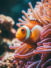 Clownfish swimming among anemones coral reef underwater photography marine environment close-up nature's beauty