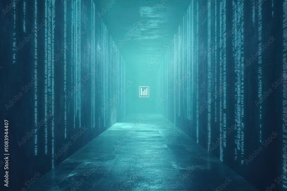 Poster a futuristic hallway with digital code, symbolizing data and technology.