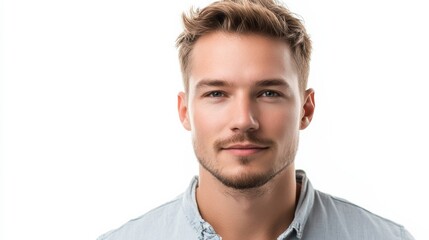 Fototapeta premium A portrait of a young man with short curly hair, wearing a light blue shirt, smiling softly against a clean white background.
