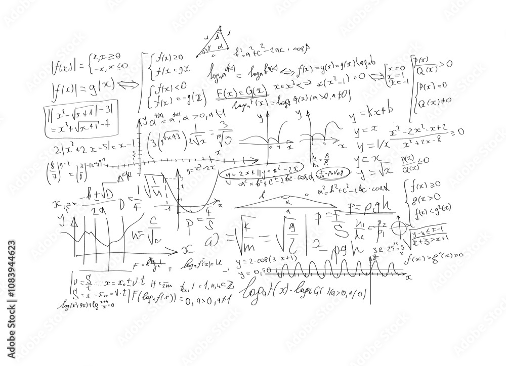 Poster Hand-drawn mathematical equations, formulas, and graphs shown on a clean white background. Illustration of complex mathematical concepts and functions