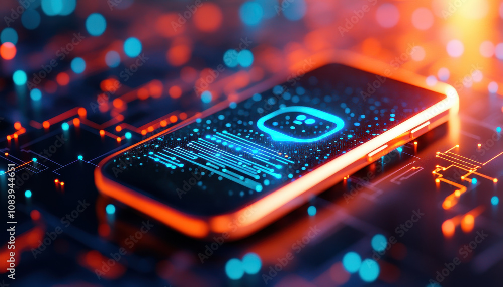 Poster glowing smartphone displaying chatbot conversation on digital background, showcasing technology and 