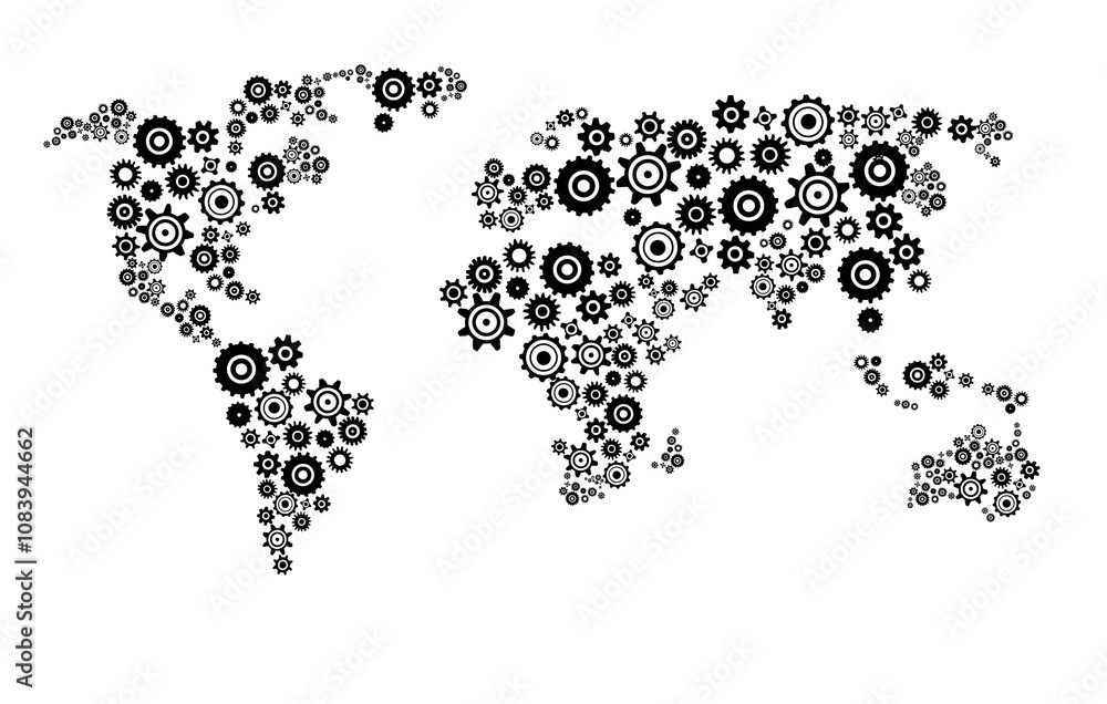 Poster world map of continents made from gears and cogs shapes, isolated and shown on a white background. r