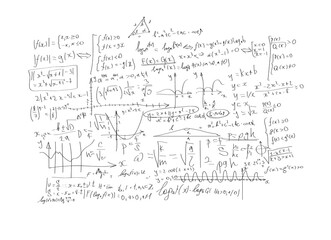 Hand-drawn mathematical equations, formulas, and graphs shown on a clean white background. Illustration of complex mathematical concepts and functions