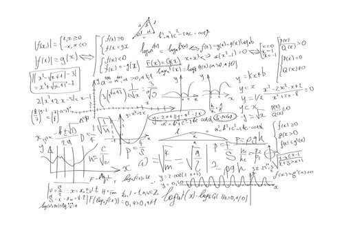 Hand-drawn mathematical equations, formulas, and graphs shown on a clean white background. Illustration of complex mathematical concepts and functions