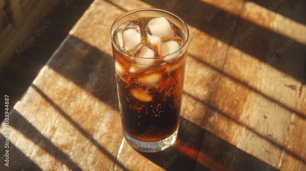 Poster Refreshing Dark Carbonated Beverage with Ice Cubes in a Clear Glass on a Rustic Wooden Surface with Playful Shadows
