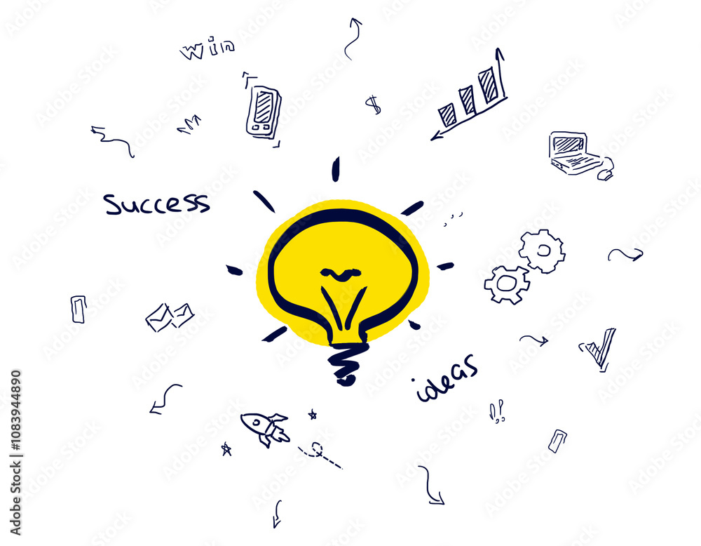 Poster hand-drawn lightbulb in yellow with surrounding business-related icons like a rocket, graphs, and ge