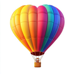 Fototapeta premium vibrant hot air balloon with heart shape, showcasing colorful stripes in shades of red, orange, yellow, green, blue, and purple, floating against white background