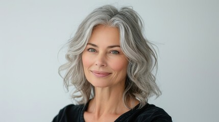 Naklejka premium A smiling woman with silver hair and a warm expression poses against a light background, This image is ideal for beauty, wellness, or empowerment themes in marketing or editorial content,