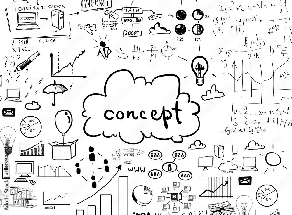 Aufkleber hand-drawn collection of business icons, charts, graphs, and mathematical formulas on a white backgr