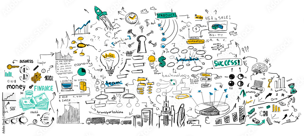 Aufkleber hand-drawn business and finance brainstorming sketch featuring various charts, graphs, and keywords.