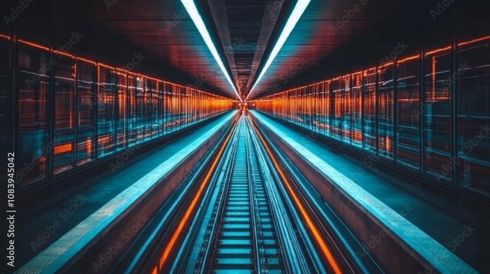Poster futuristic subway tunnel with vibrant blue and orange lights emphasizing depth and modern architectu