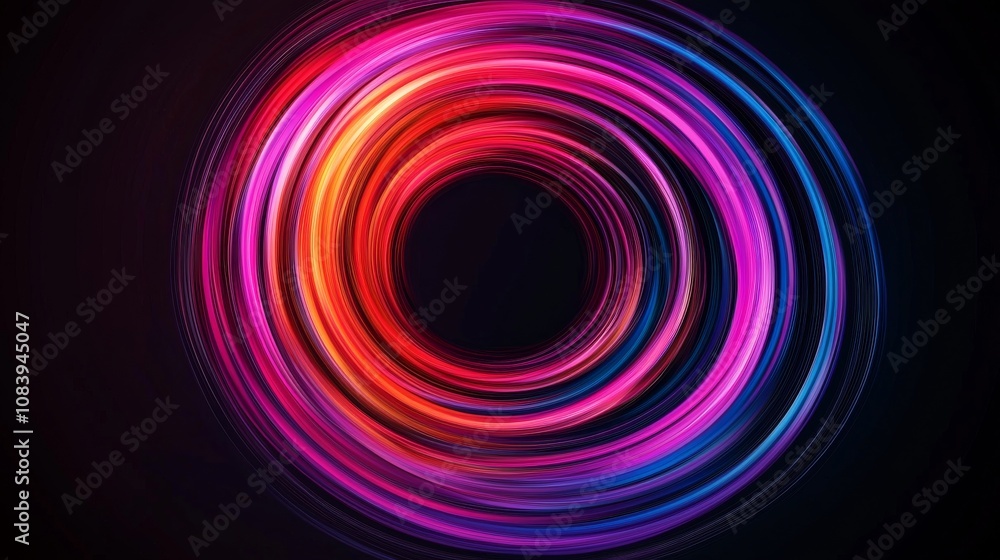 Poster a vibrant, circular abstract design featuring concentric rings of glowing colors, creating a dynamic