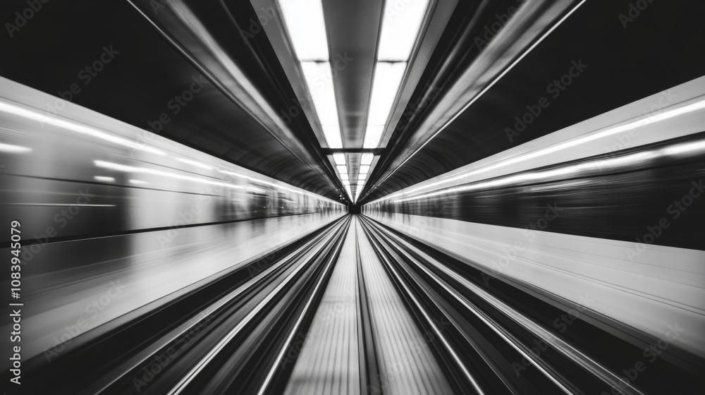 Poster abstract motion blur of a rapidly approaching subway train in a modern urban station with linear per