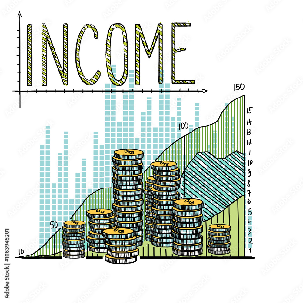 Poster hand-drawn illustration showing stacks of coins representing income growth. background features a ba