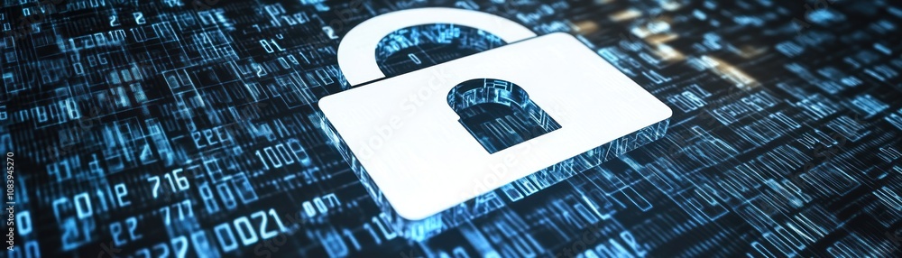 Poster a digital padlock symbolizing cybersecurity on a data background.