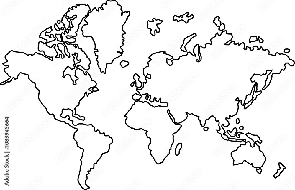 Fototapete World map sketch with outlined continents inlines on a clean white background. Simple illustration, isolated and minimalistic design for concepts