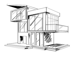 Fototapeta premium Sketch of a modern two-story house with large windows, balconies, and minimalist design. Drawing style on a white background. Concept of architecture