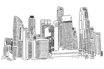 Obraz premium Hand-drawn city skyline featuring tall modern buildings in a sketch style. Simplelines on a white background. Concept of urban architecture