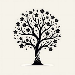 Obraz premium Black silhouette of a flowering tree with detailed branches and leaves, isolated on a light background.