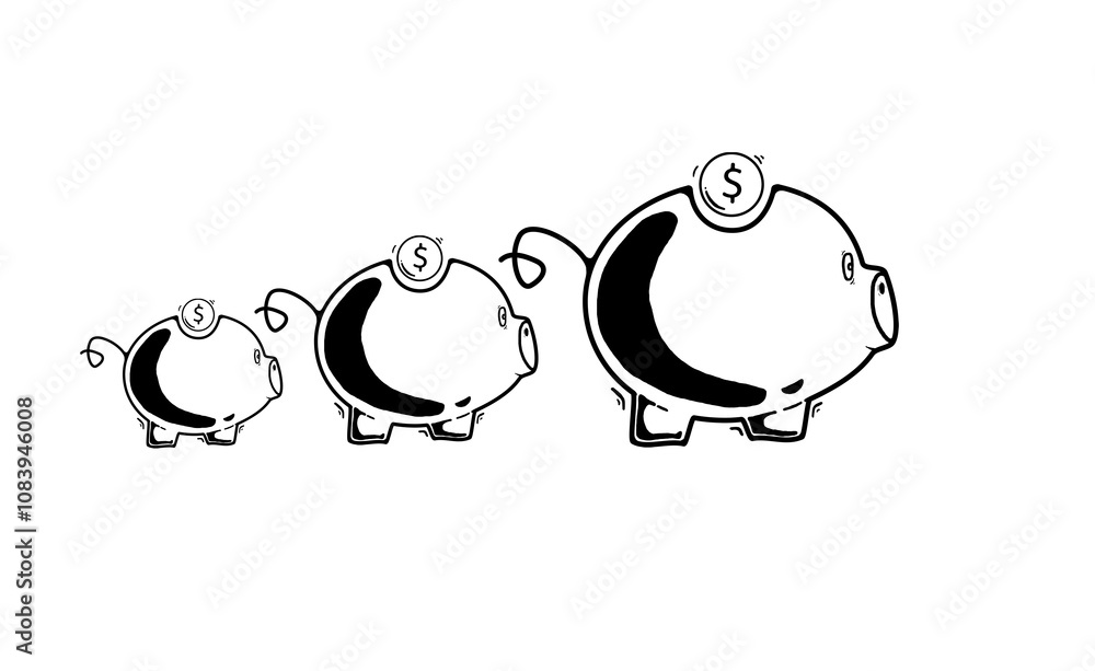 Poster three piggy banks with coins on their backs, drawn in a sketch style. the image is isolated on a cle