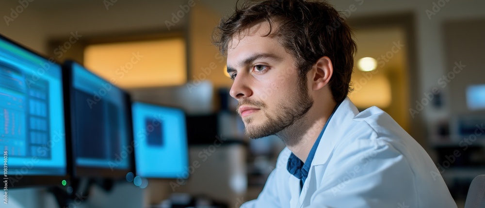 Poster focused professional analyzing data on computer screens in a modern workspace