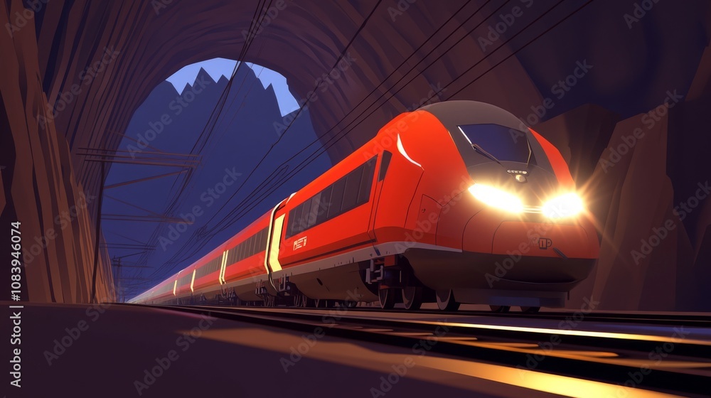 Poster modern high-speed train traveling through a dark tunnel with mountains in the background, illustrati