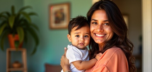 Happy Indian mother lovingly holds baby son. Mother smiles warmly at camera. Casual attire. Studio shot. Modern family portrait. Family moment. Intimate. Sweet. Cute. Peaceful. Ethnic beauty. Modern