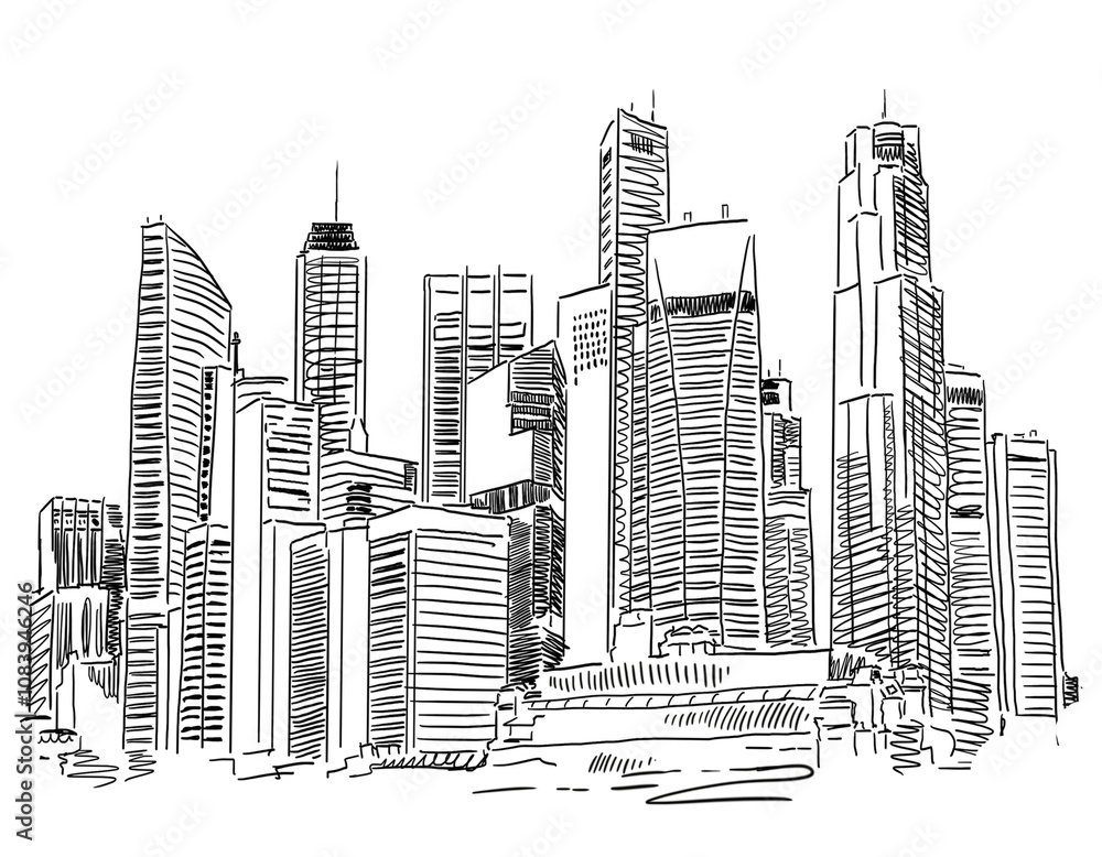 Poster hand-drawn cityscape showing various modern skyscrapers in a sketch style on a white background. con