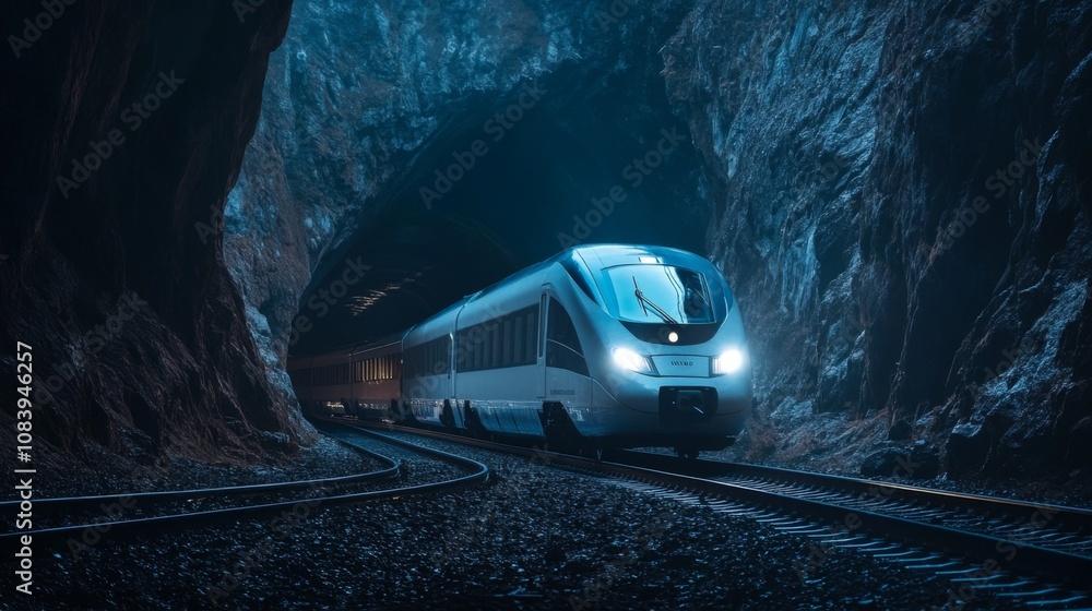 Poster a modern train navigating through a dark and scenic tunnel, showcasing the blend of technology and n