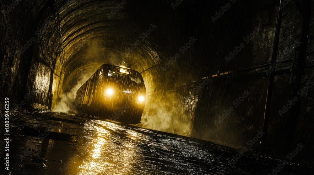 Poster Mysterious Train Emerging from Rainy Tunnel with Ethereal Light Spotlighting the Dark Environment and Reflecting on Wet Surface
