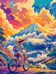 Fototapeta premium Whimsical Ride to Mount Fuji: A Psychedelic Adventure