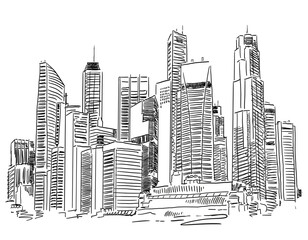 Fototapeta premium Hand-drawn cityscape showing various modern skyscrapers in a sketch style on a white background. Concept of urban architecture and city planning