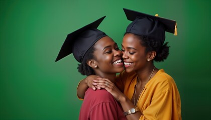 Happy African American mother, daughter celebrating graduation. Proud mother, graduate daughter hug affectionately. Graduation day. Success, family bonding highlighted. Joyful faces, loving embrace.