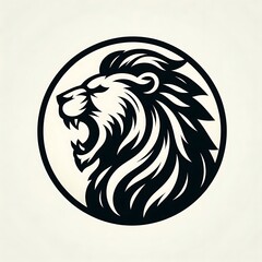 Fototapeta premium Roaring lion head profile in a circle, black and white vector illustration.