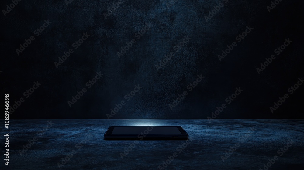 Poster a sleek tablet rests on a dark surface, illuminated by a subtle light in a moody setting.