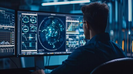 Fototapeta premium Conceptual Image of an IT Engineer Analyzing Data and Code on a Computer Screen, Highlighting AI Machine Learning Technology for Digital Marketing in a High-Definition and Cinematic Style 