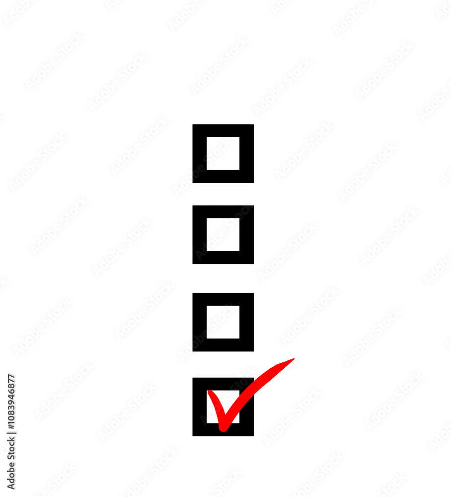 Poster Image of a vertical checklist with four square boxes, one marked with a red check. Clean, minimalistic design on a white background, representing task completion