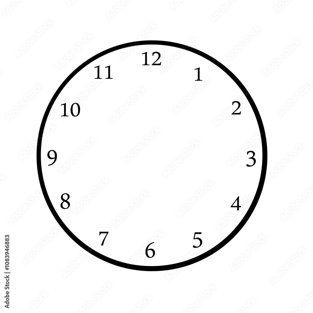 Fototapete A minimalist clock face with numbers 1 to 12 placed evenly in a circle. Isolated on a white background. Clean and simple design. Concept for time-related projects