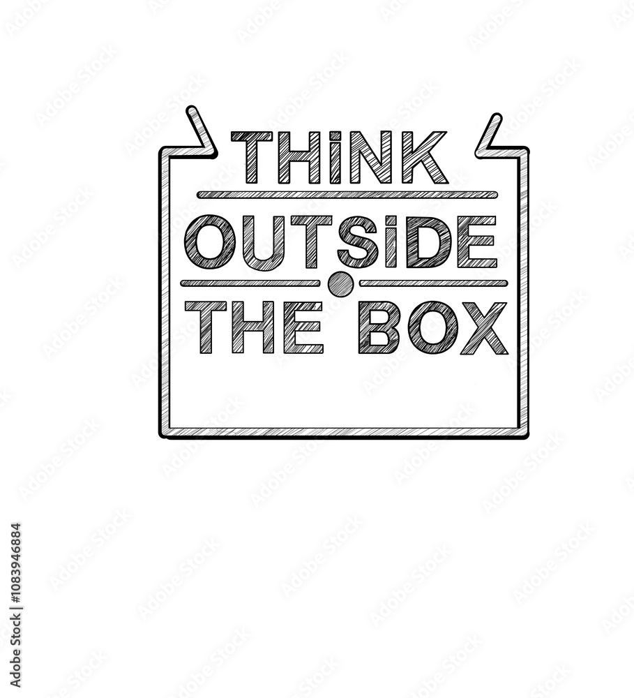 Poster Hand-drawn text Think Outside The Box inside a sketched rectangular speech bubble. Sketch style on a white background. Represents creativity and innovation