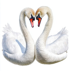 Fototapeta premium Tenderly interacting swans forming heart shape, symbolizing love and connection. Their elegant white feathers and graceful posture create serene atmosphere