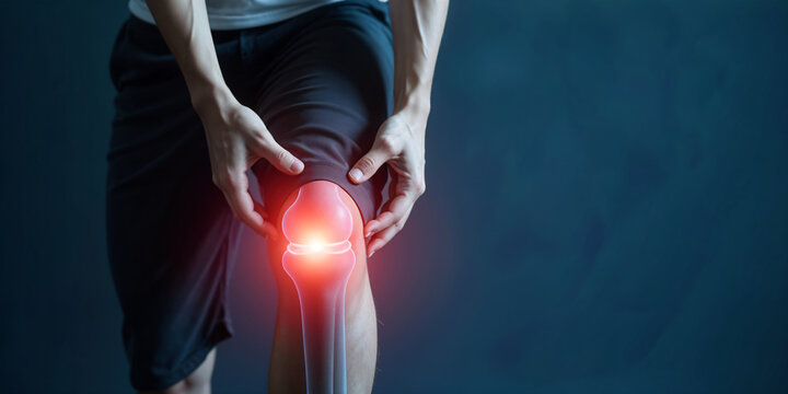 Joint pain, Arthritis and tendon problems. a man touching nee at pain point