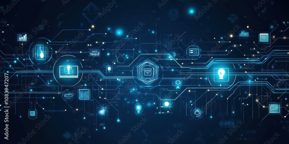 Poster abstract digital technology background featuring interconnected circuits and glowing icons represent